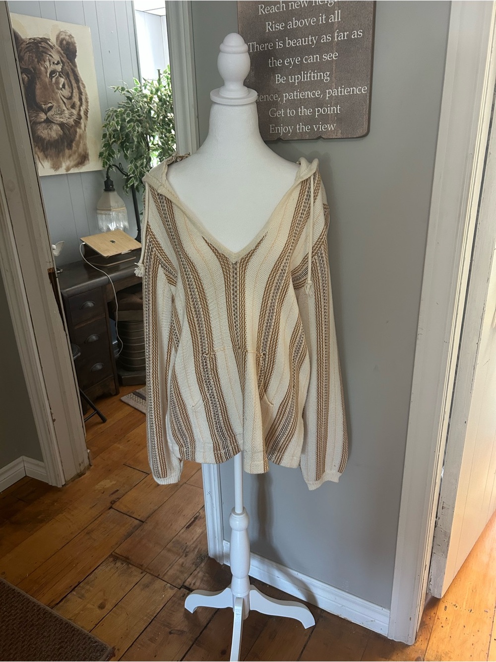 O'Neill Cream and Brown Striped V-Neck Hooded Sweater